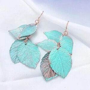 Blue Patina Gold Leaf Dangle Earrings